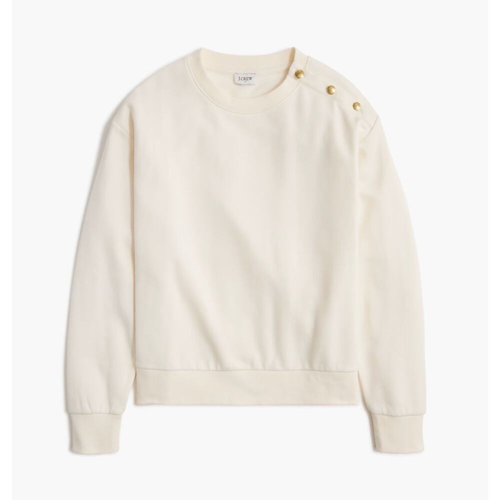 J.Crew Button Shoulder Pullover Sweatshirt Womens S Cream Ribbed Trim Crew Neck